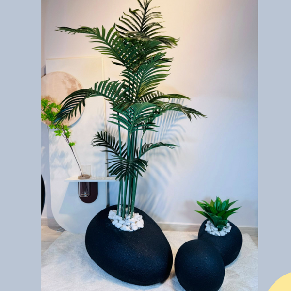 סט עציצי חלוקי נחל – דקורציה יוקרתית עם צמחייה מלאכותית