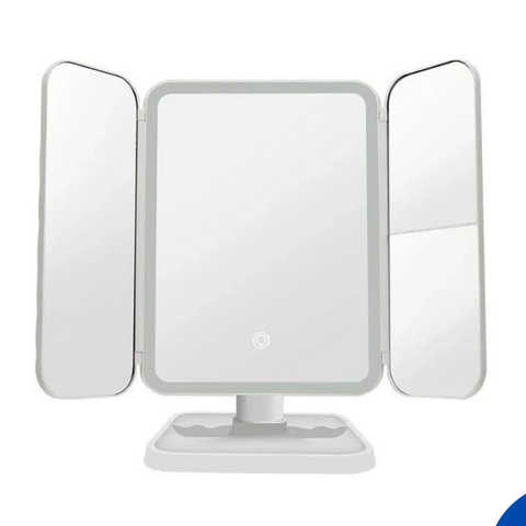 מראת איפור מתקפלת תלת־צדדית עם תאורת LED ומגדלת