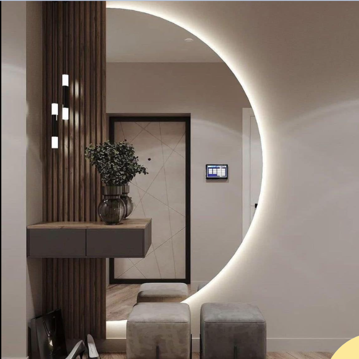 סט מראת LED עגולה עם קונסולה מעץ מלא