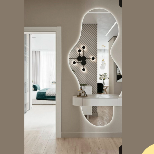 מראת קונסולה אורגנית עם תאורת LED ומדף צף